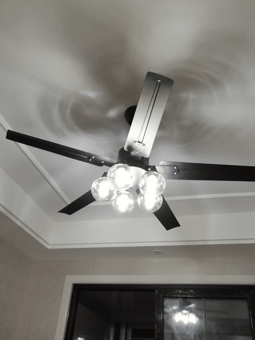 Illuminated fan chandelier viewed from below