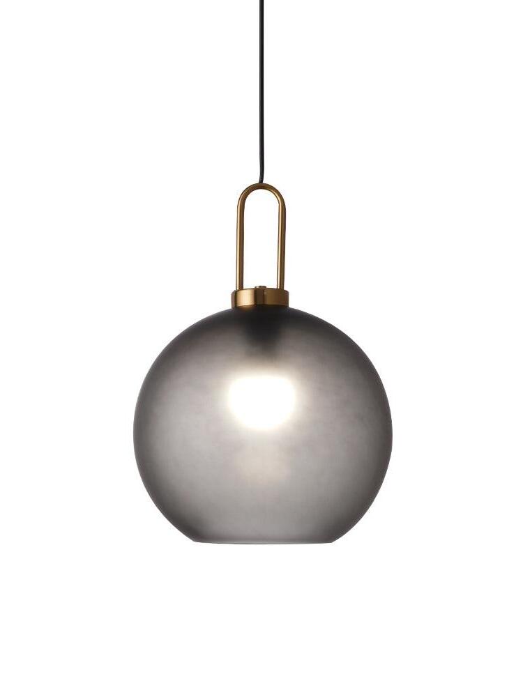 Smoky frosted globe pendant with a loop-shaped metal fitting on a white background