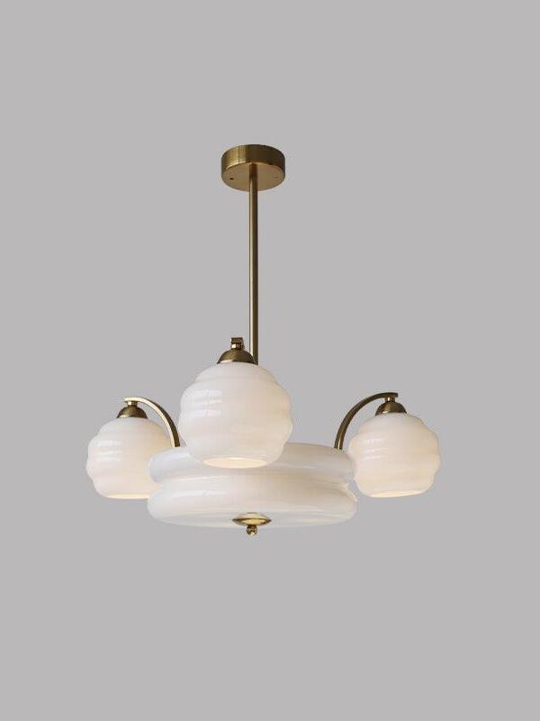 62 cm gold-finish chandelier with white glass shades on curved arms