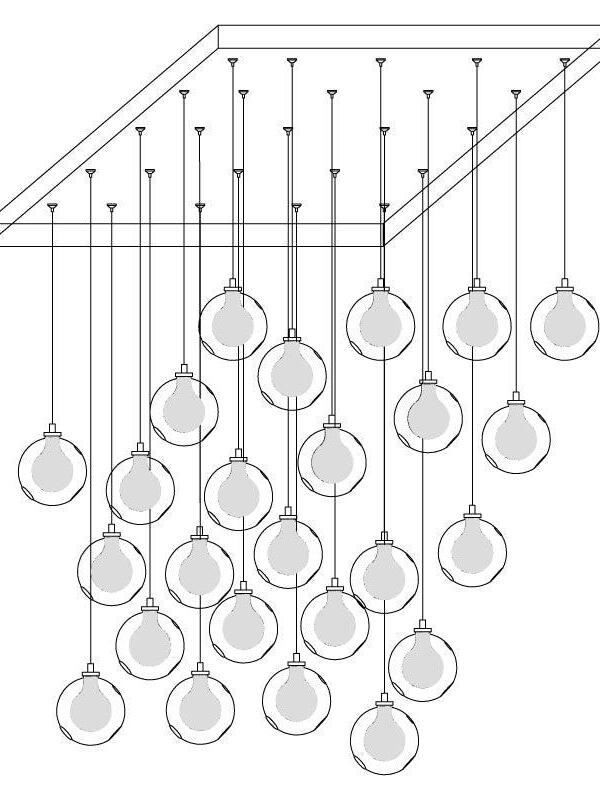 Line drawing of twenty-five globes below long canopy