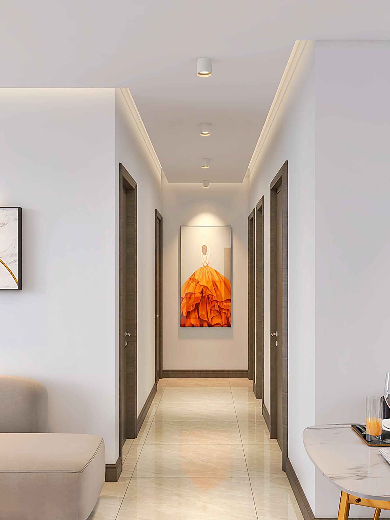 Wide hallway view with four white ceiling lights, dark-framed doors and orange-dress artwork, with furniture in foreground