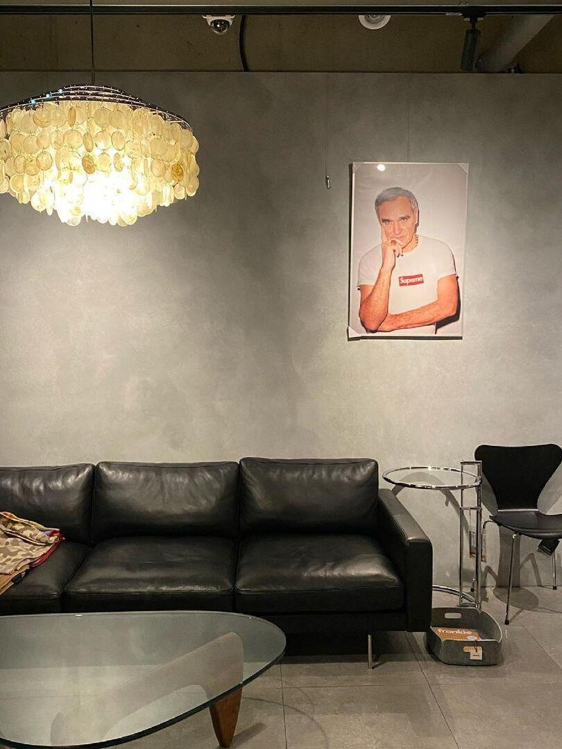 Warm shell chandelier above a black leather sofa