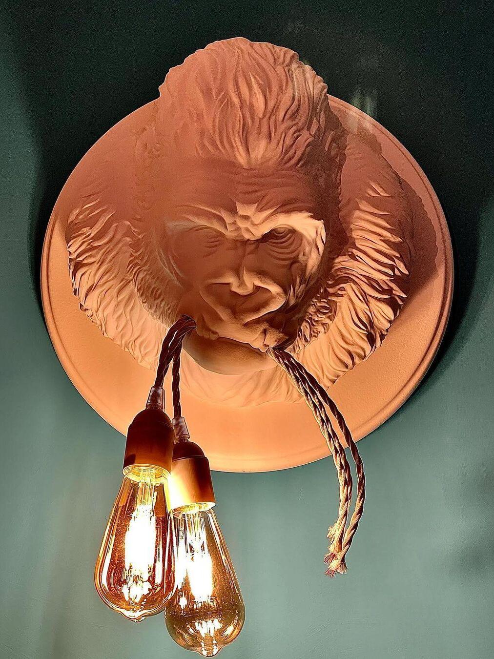 Pink-orange-toned gorilla form with elongated glowing bulbs against green wall