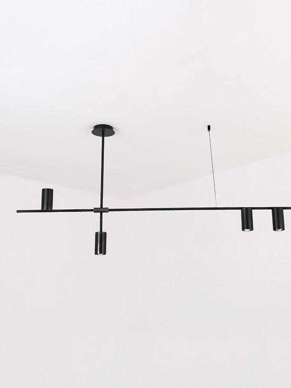 Black linear chandelier with round canopy and fine support lines