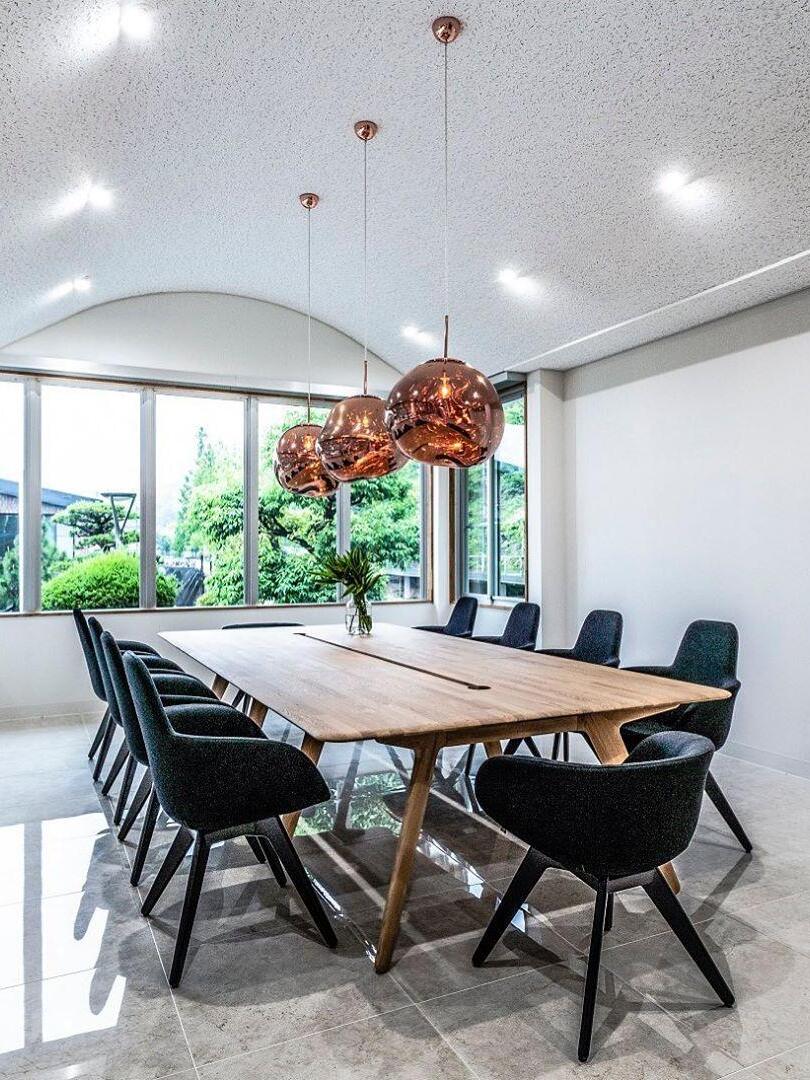 Pendant group above a long dining table