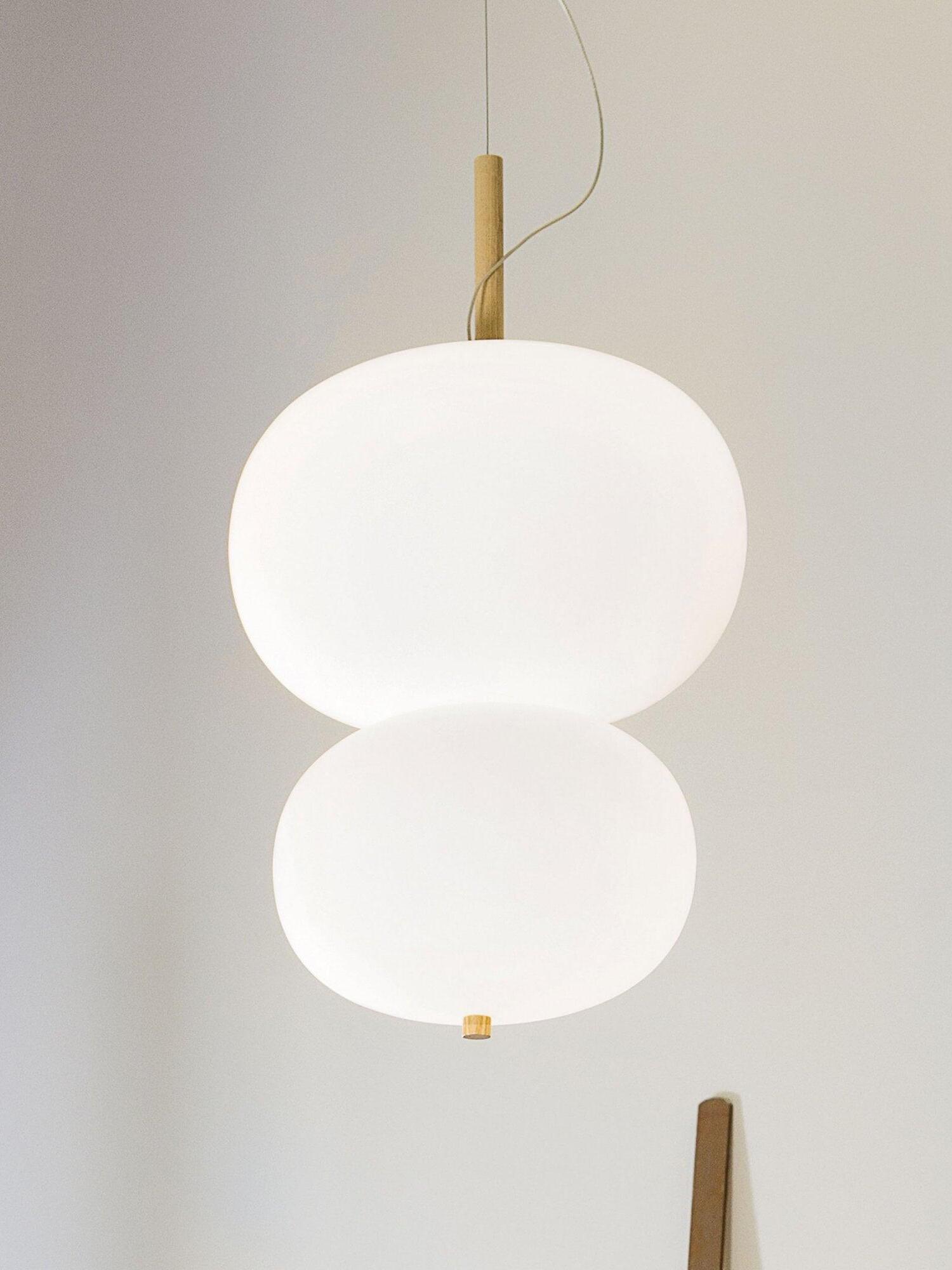 Close view of vertically stacked white globes