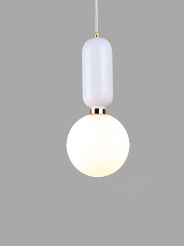 White rounded upper body and glass globe joined by a small metal collar