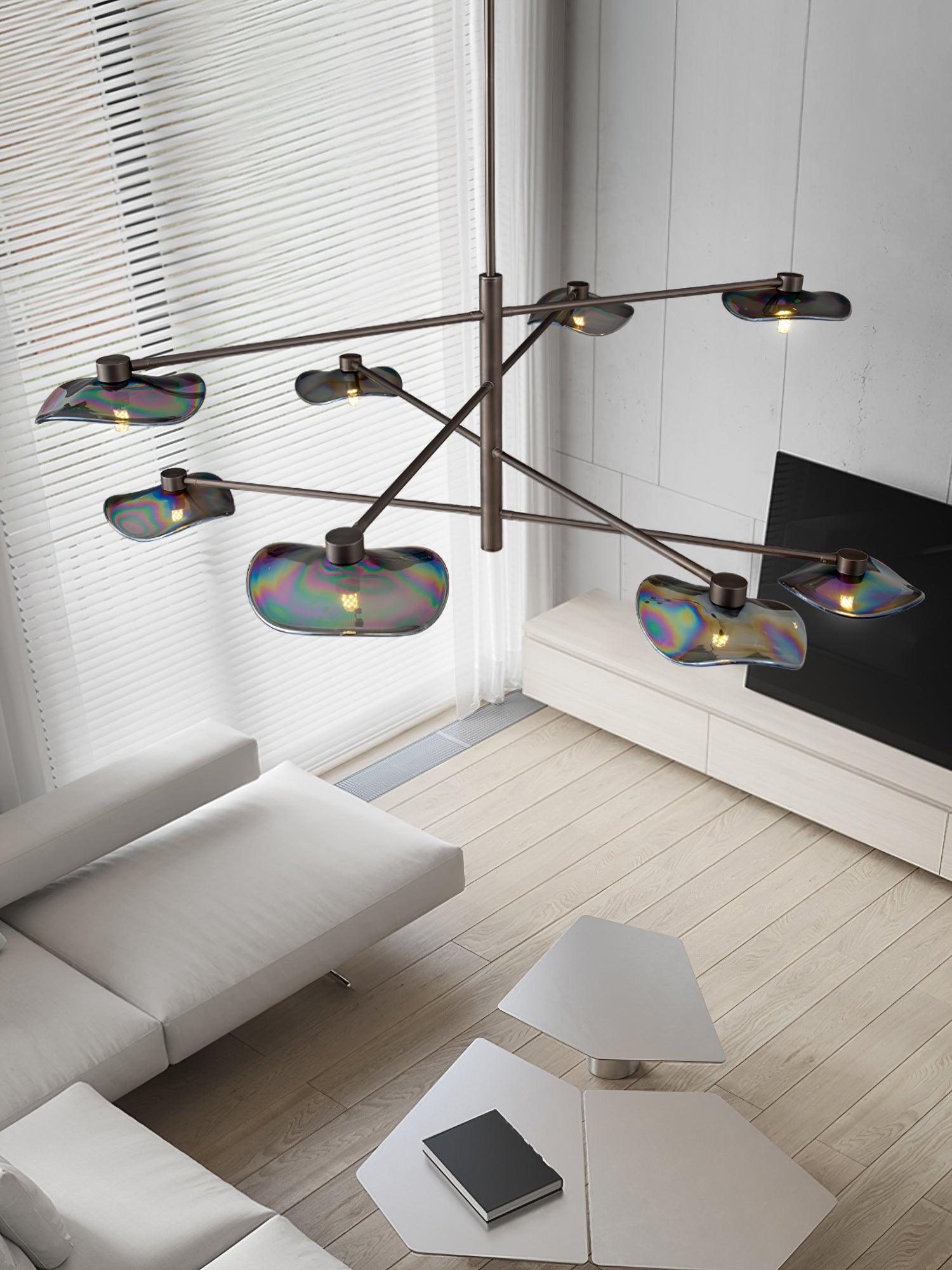 Overhead view of wavy glass shades and straight arms