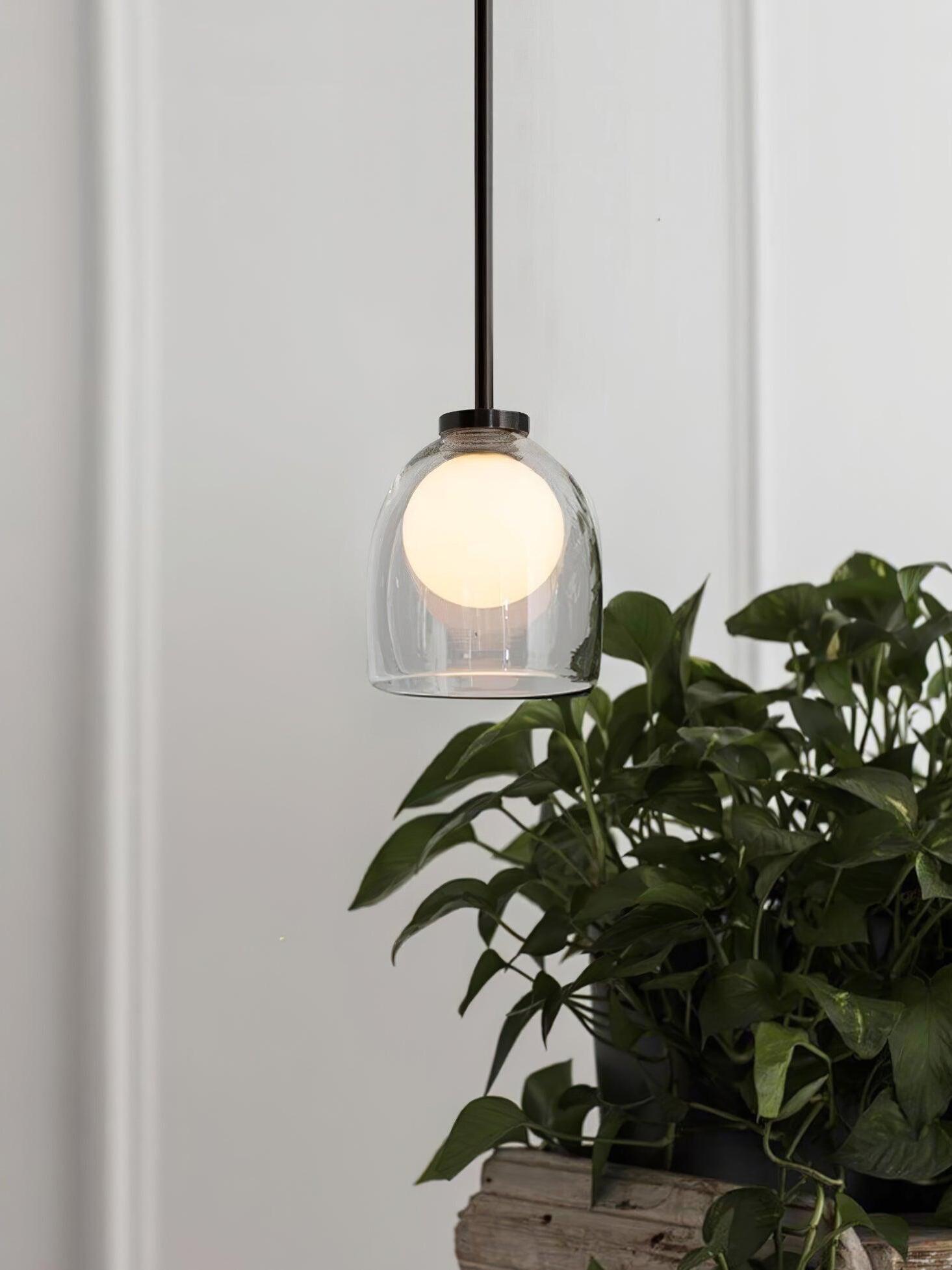 Clear Crux glass pendant beside a leafy plant and pale wall panels