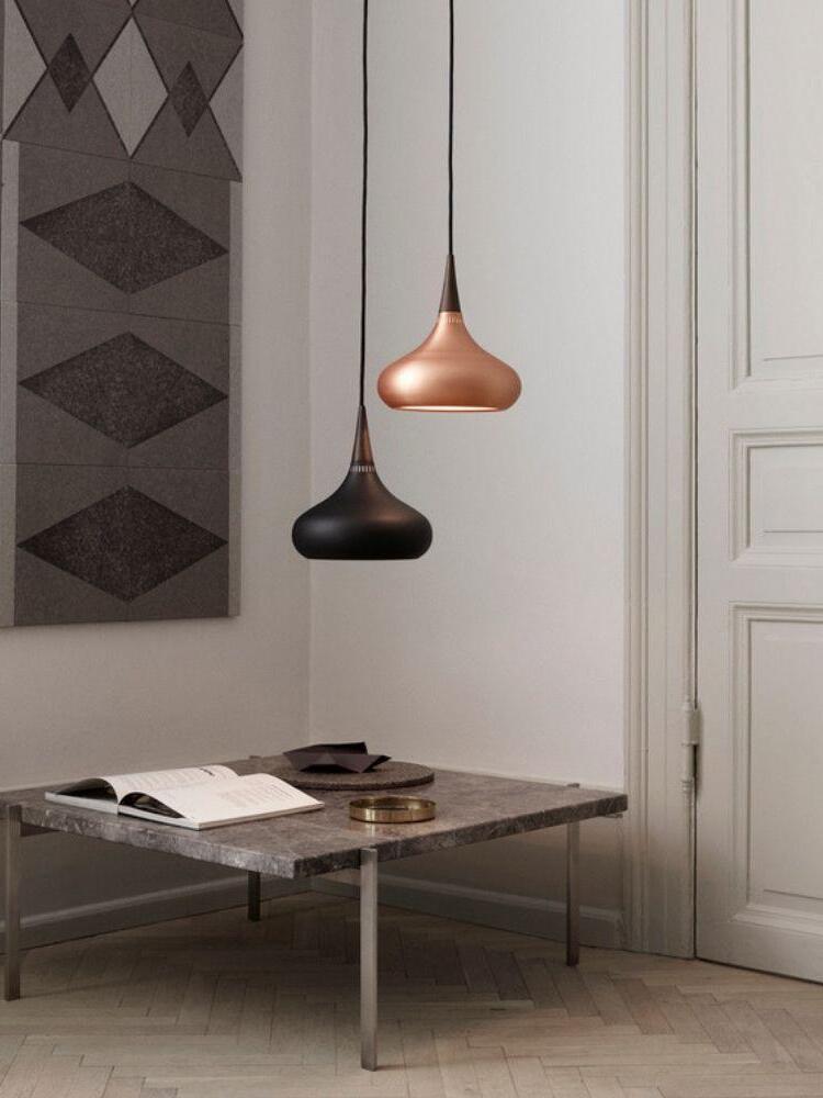 Black and Copper pendants above an indoor table