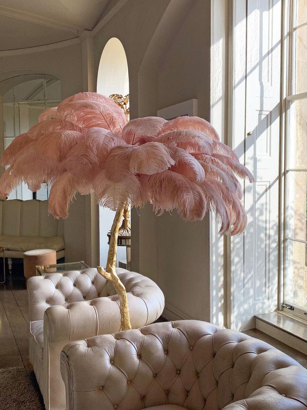 Art Deco Brass Ostrich Feather Floor Lamp - Cueteks
