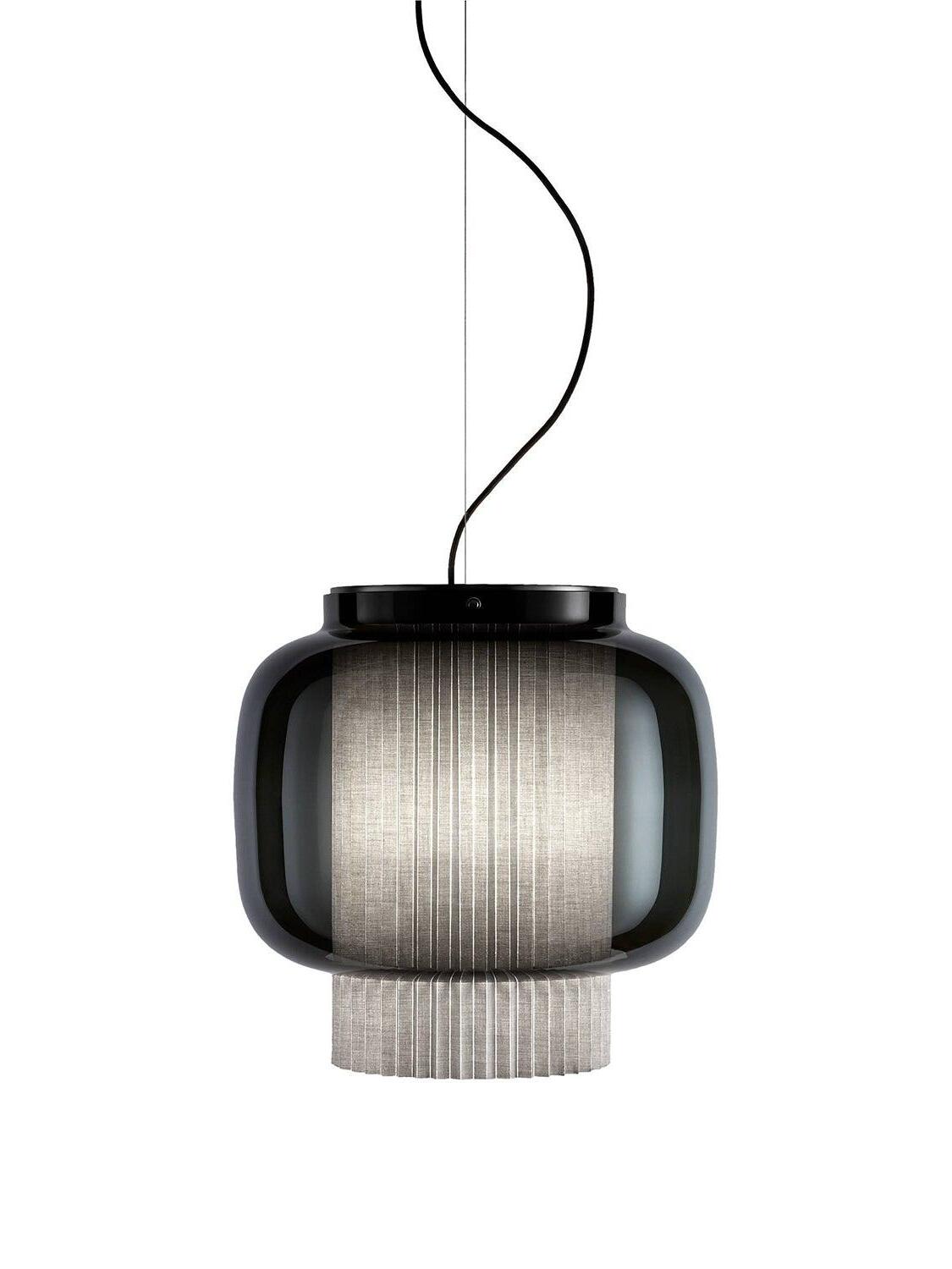 Larger Black and smoke-grey Manila T pendant with a broad glass shell around the grey pleated diffuser