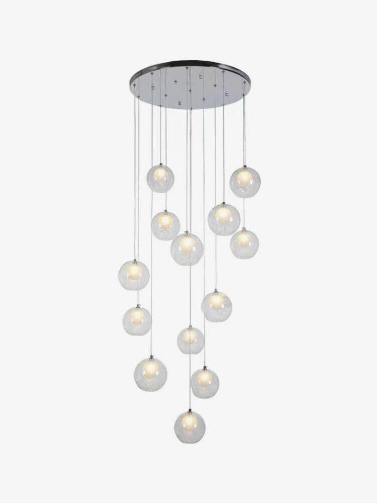 Round chrome canopy with staggered clear glass globes