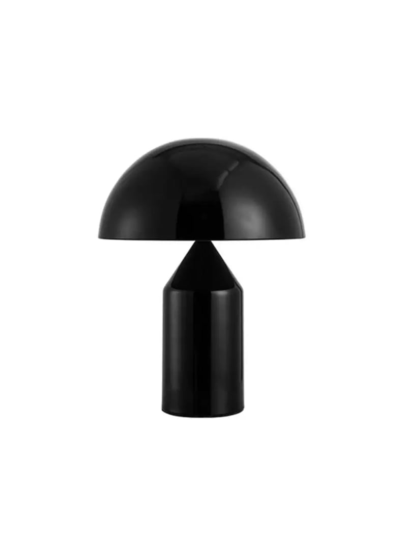 Black dome table lamp with a pointed cylindrical base on a white background