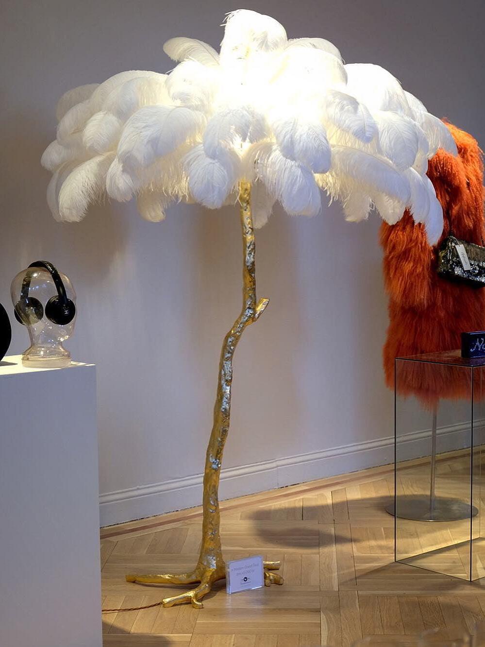 Art Deco Brass Ostrich Feather Floor Lamp - Cueteks