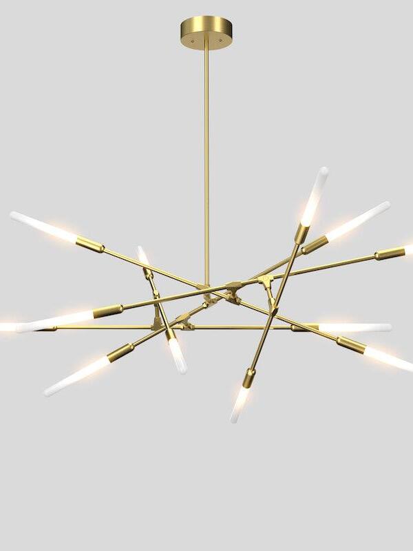 Gold-coloured Dawn chandelier with a layered horizontal network of slim arms