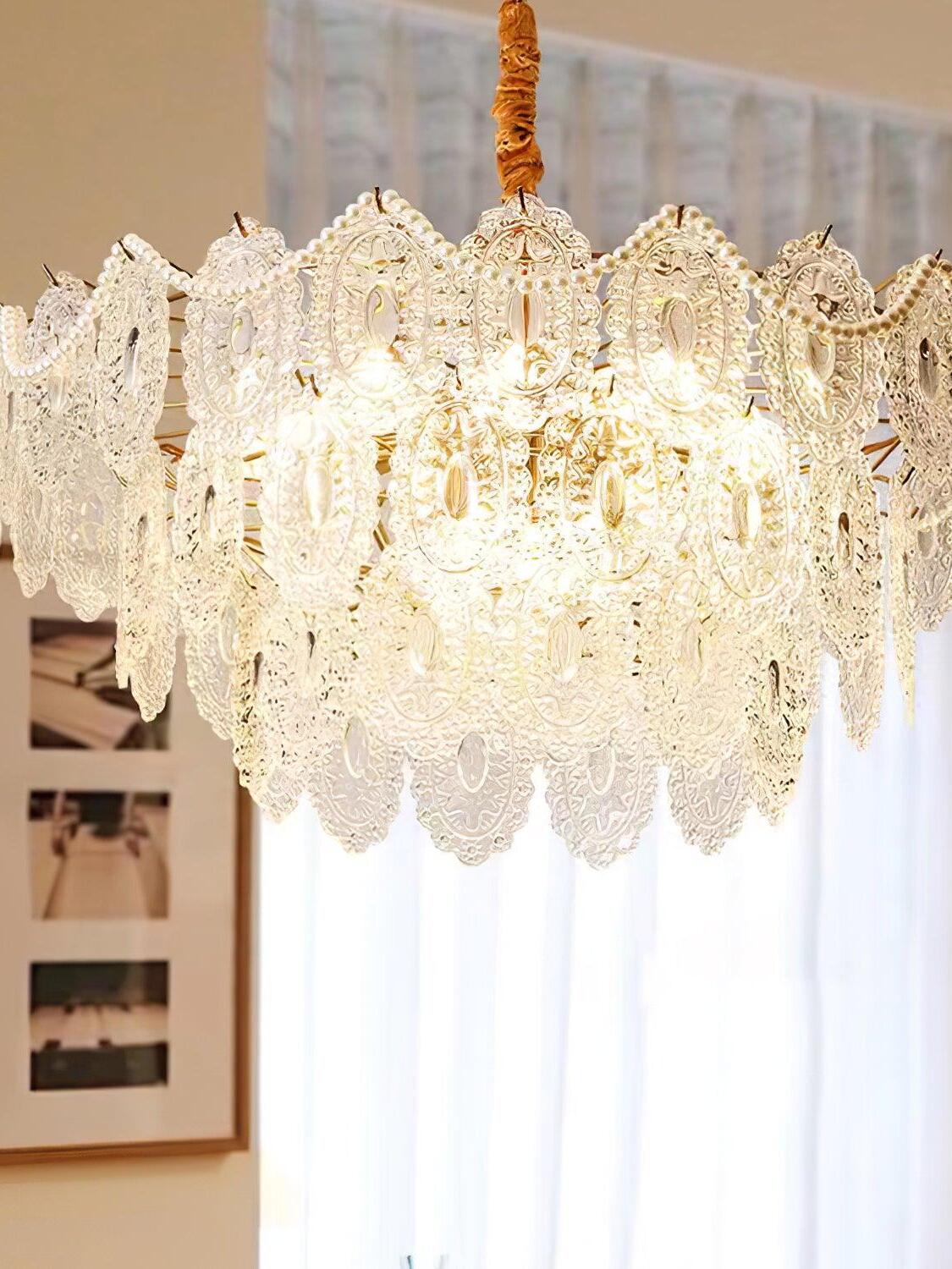 Scalloped clear ornaments and bead swags at side