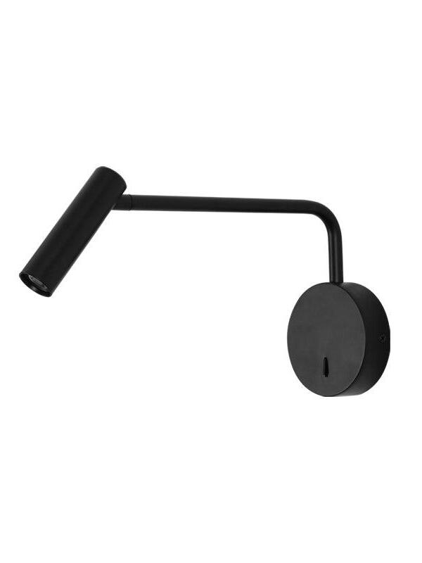 Black reading wall light with an extended arm and tilted cylindrical head