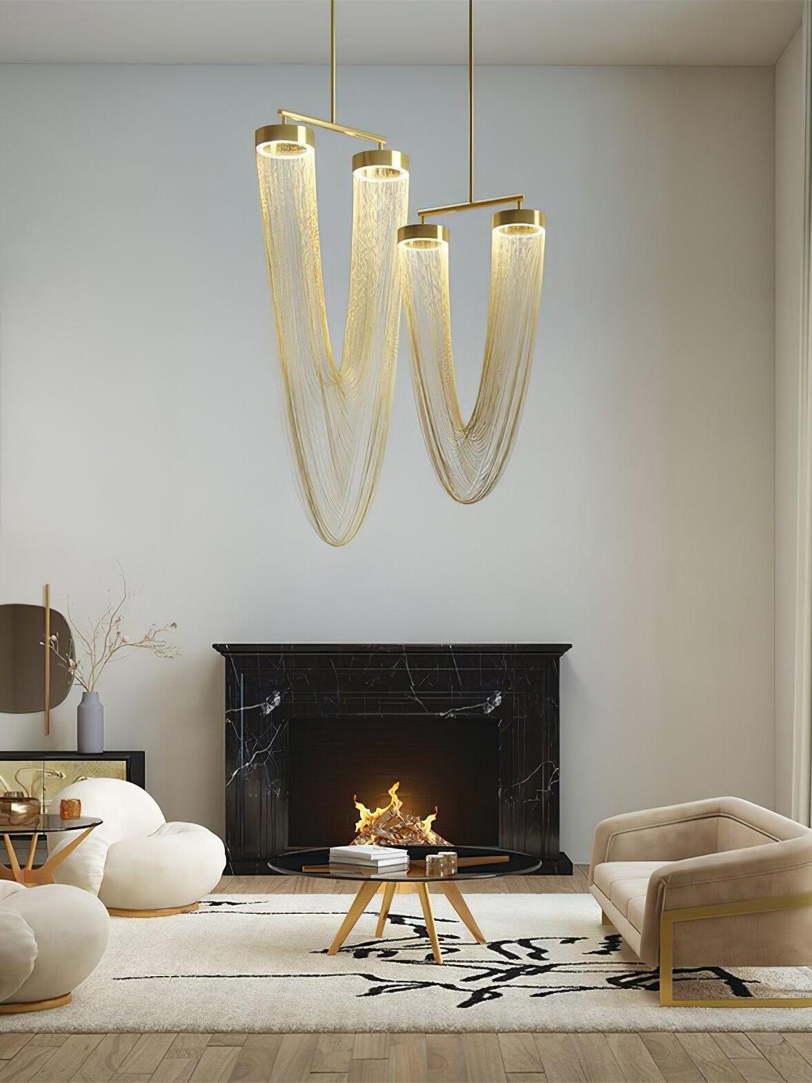 Gold-coloured chain fixture in a living-room scene
