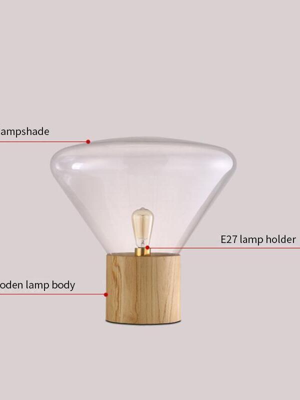 Labelled diagram showing glass shade, wooden body and E27 lamp holder