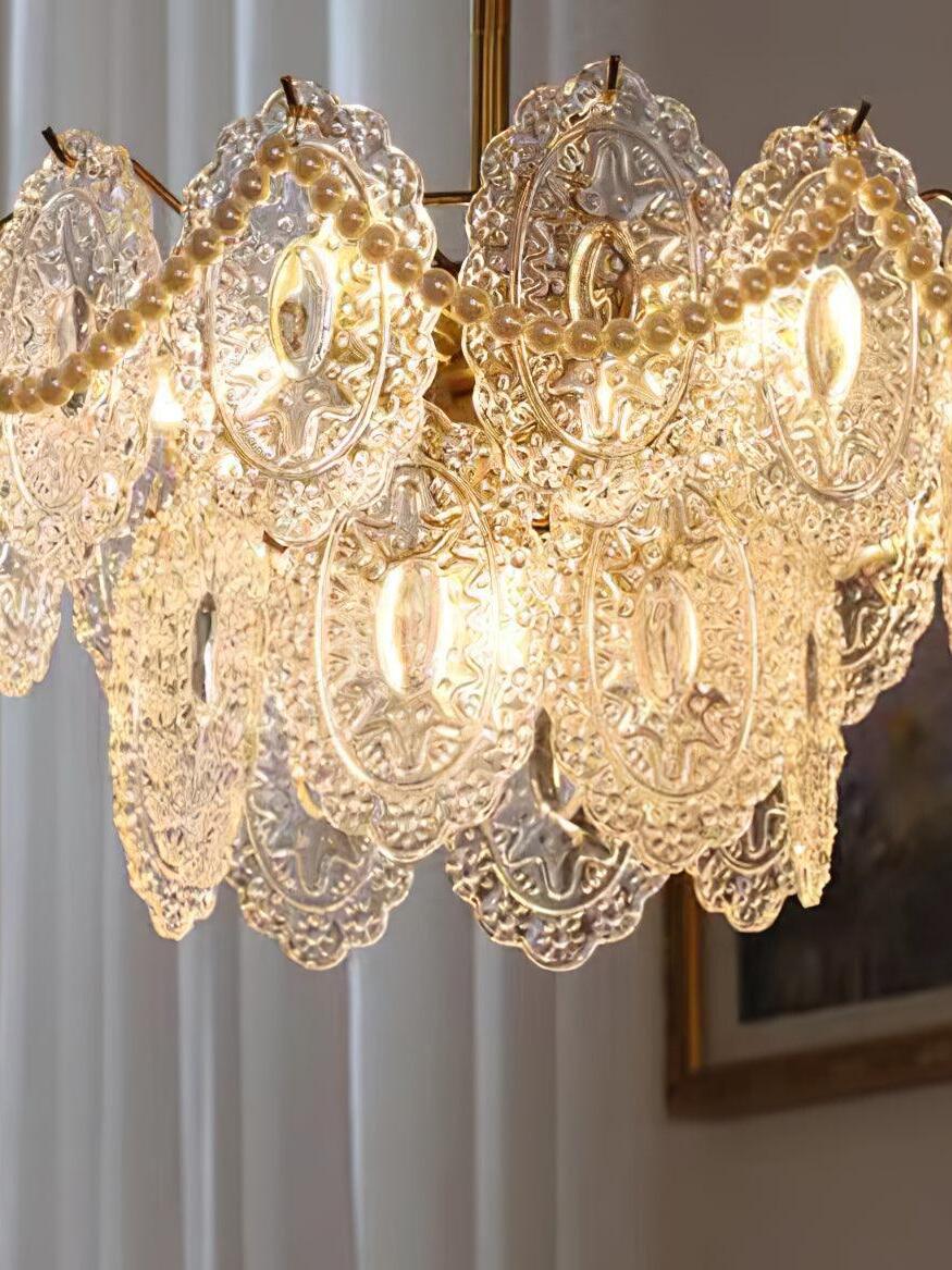 Close view of clear ornaments and round bead strands