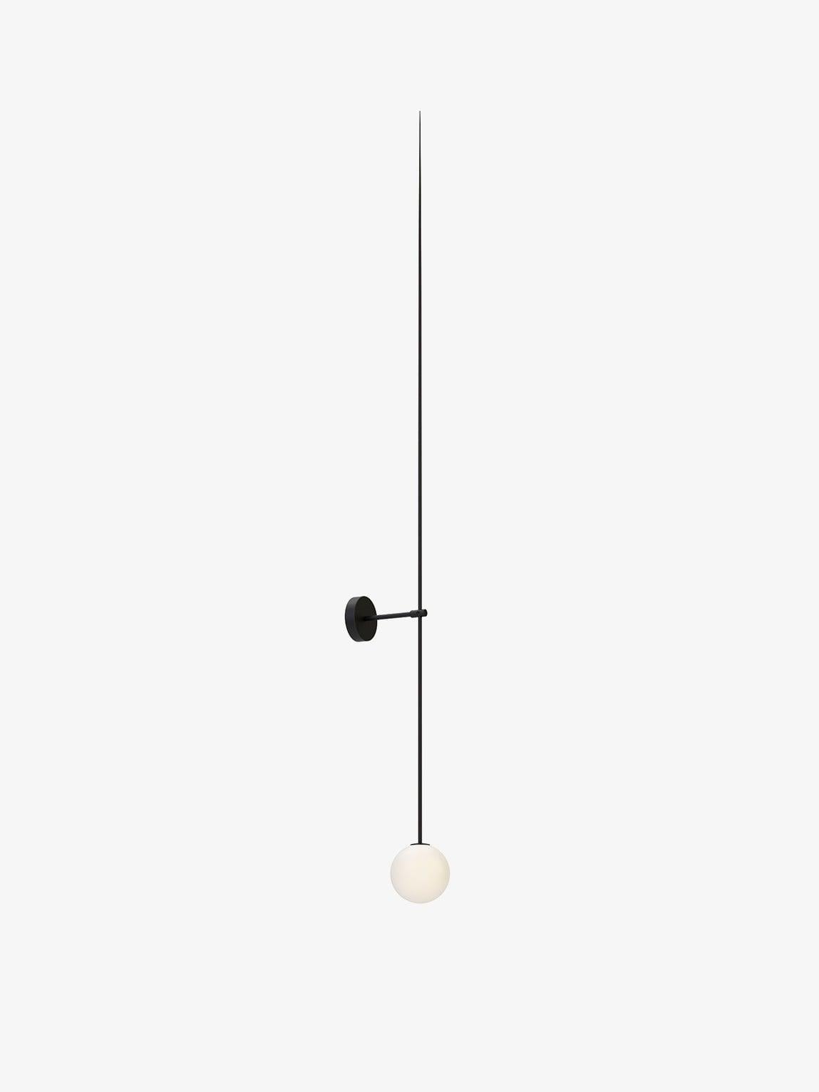 Isolated long black rod wall light with a short arm, round backplate and one white globe at the bottom