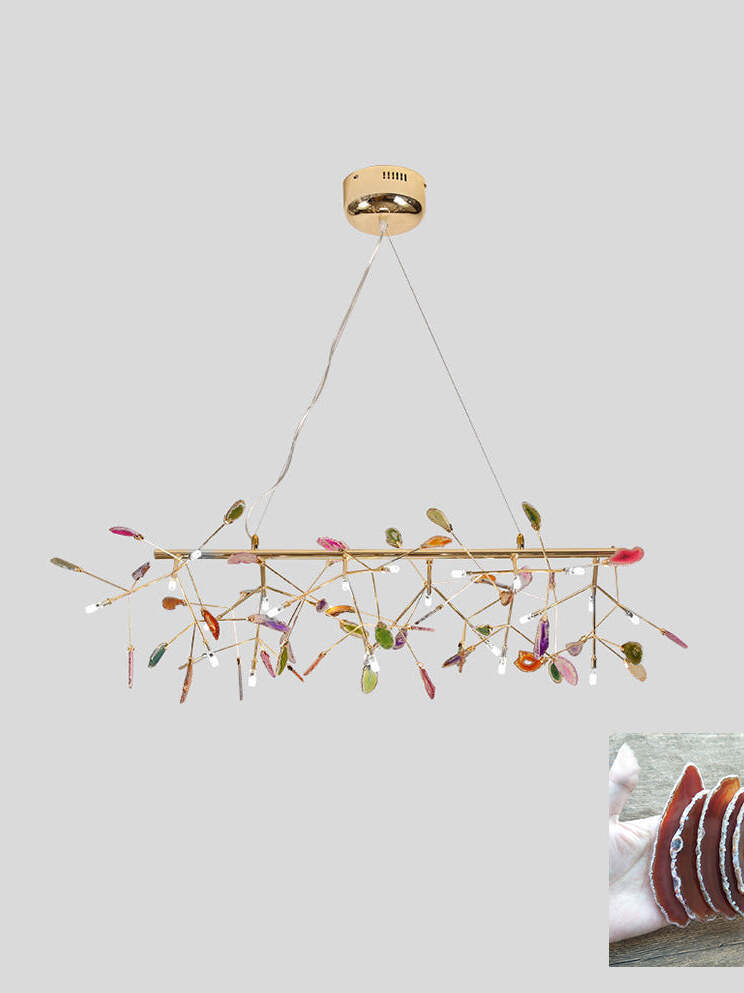 Linear branched reference fixture with warm stone inset