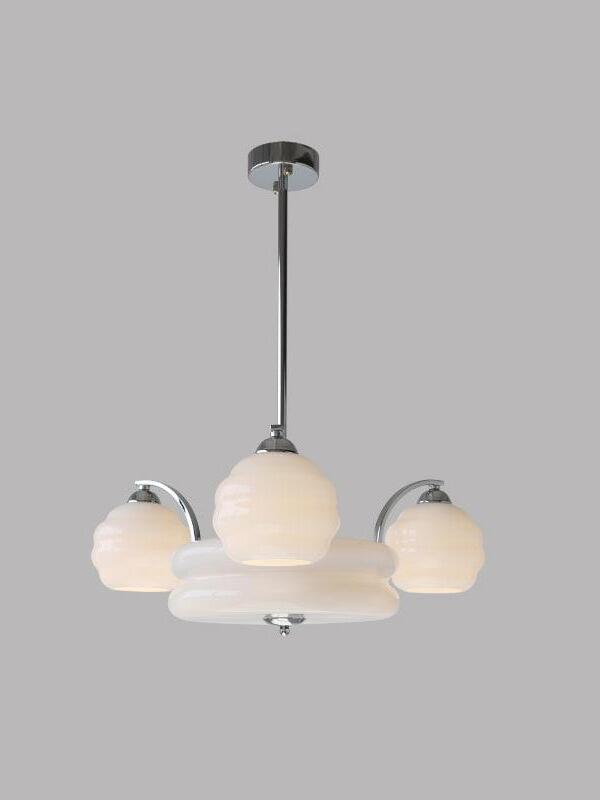 62 cm chrome-finish chandelier with white outer glass shades and a central glass bowl