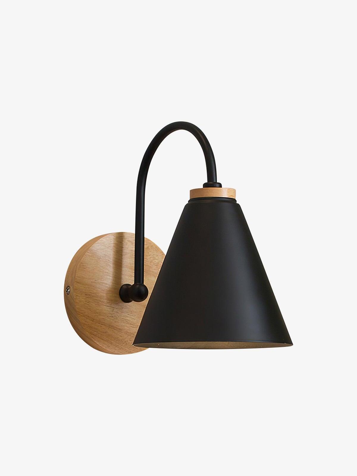 Black cone wall light with curved arm and round wooden plate