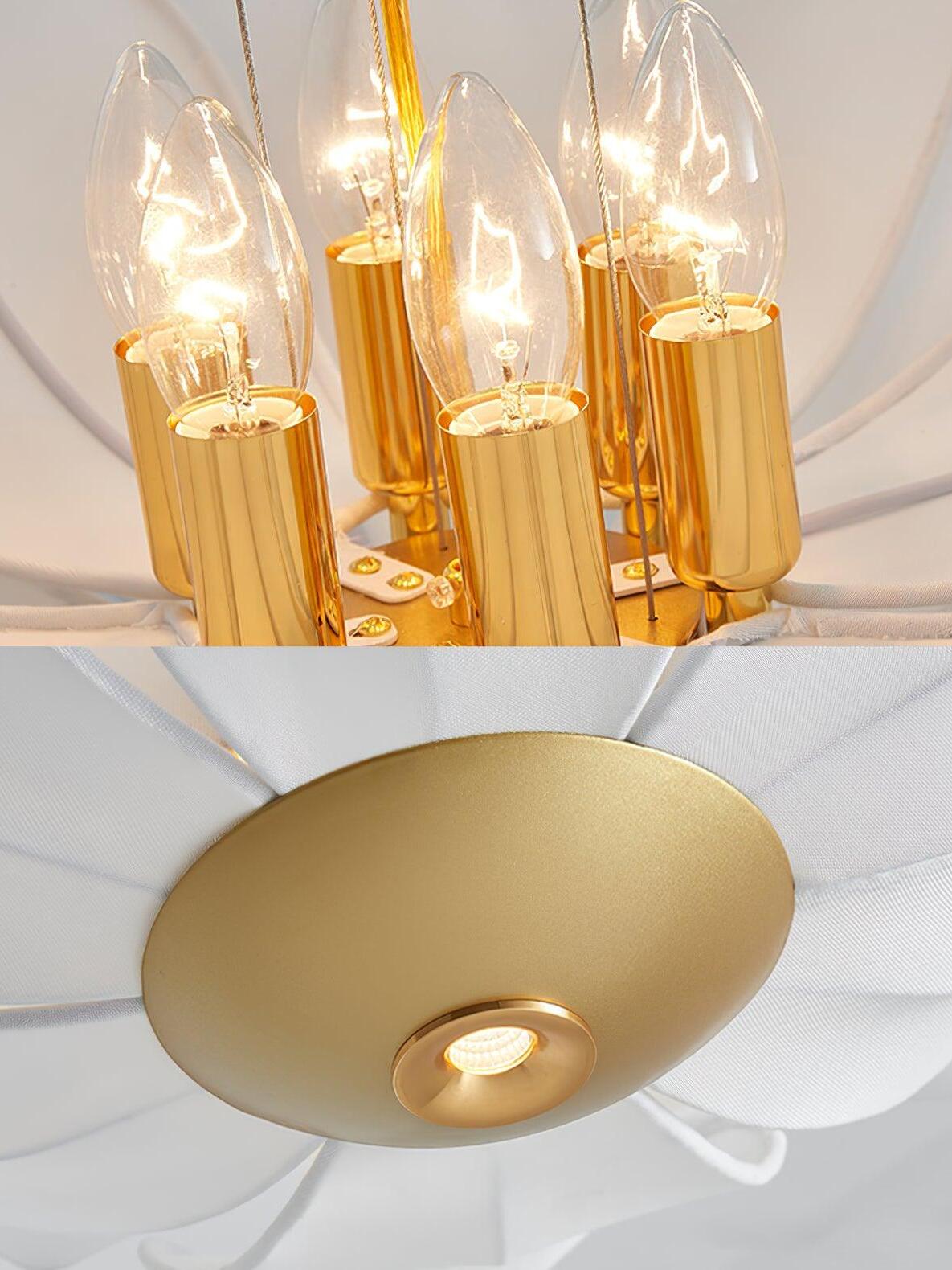 Several bulbs in gold holders behind Fiore fabric petals