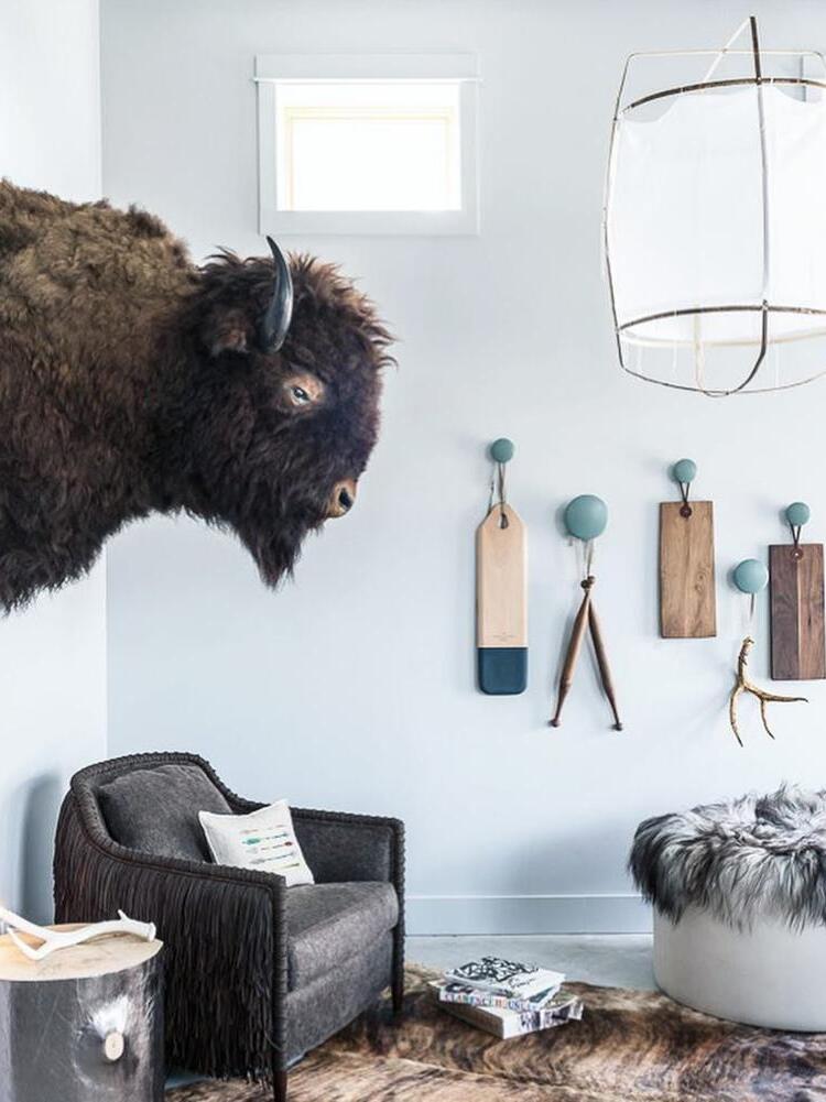 Cropped white lantern pendant in room with dark chair, fur-covered bench, wall boards and mounted bison head
