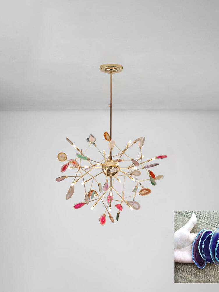 Radial multicoloured chandelier beneath a pale ceiling with a dark blue-violet stone sample inset