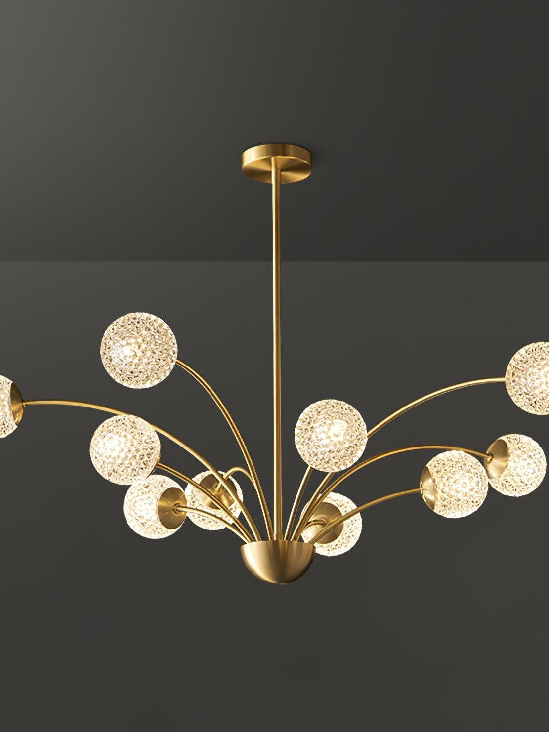 Textured-globe chandelier with additional central elements and curved brass-tone arms on a dark background