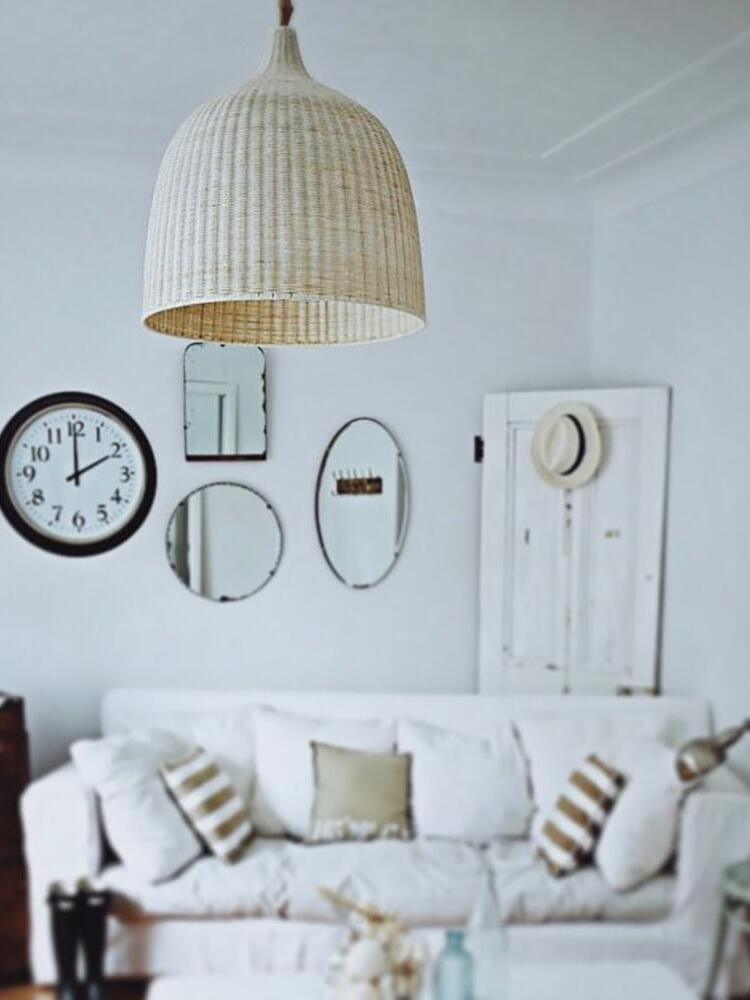 Natural rattan pendant in a light living room