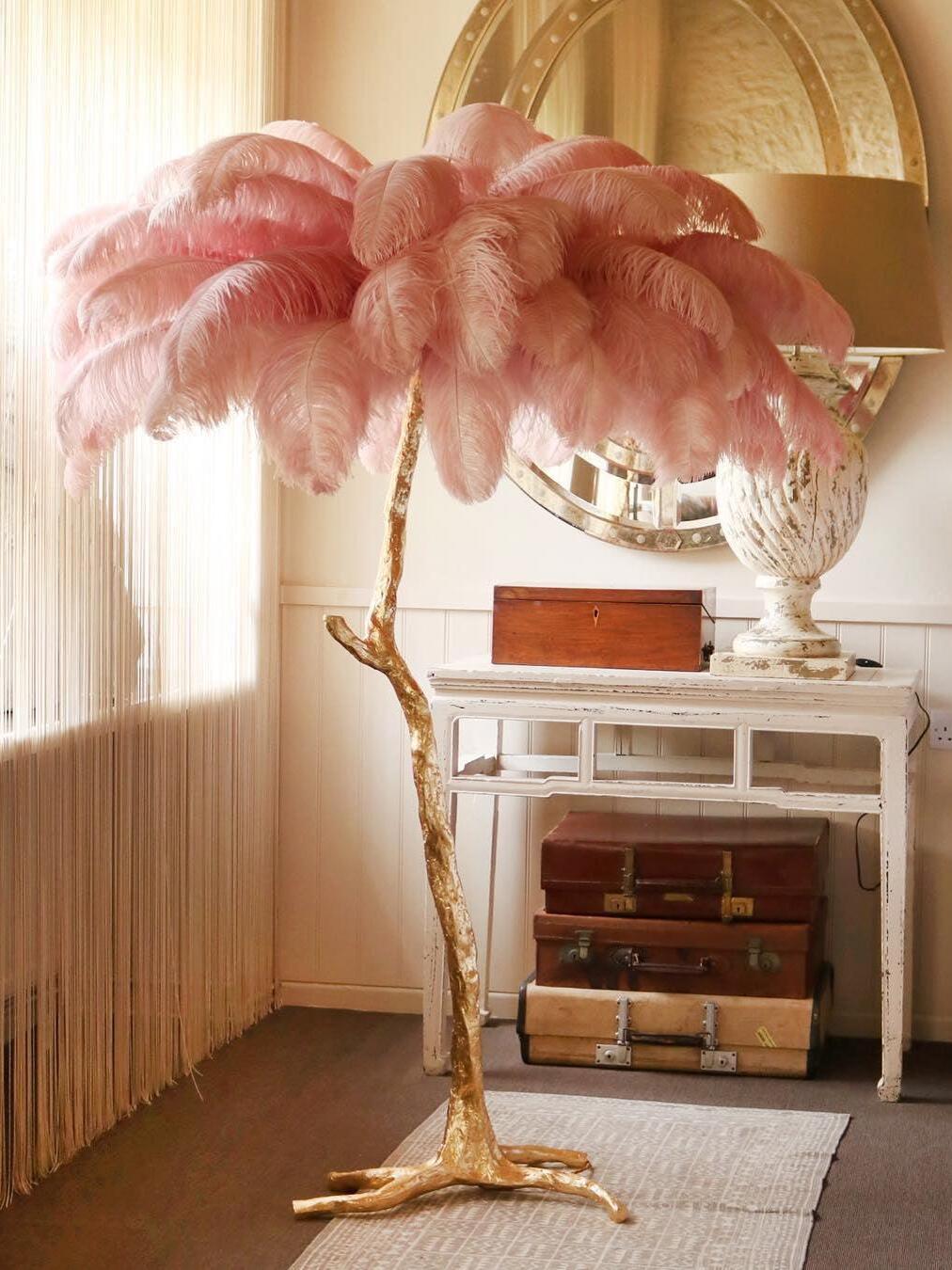 Art Deco Brass Ostrich Feather Floor Lamp - Cueteks