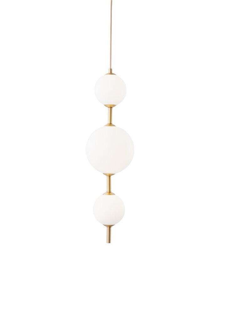 Three white globes with brass-tone links and lower tail, isolated against white with the upper cord cropped