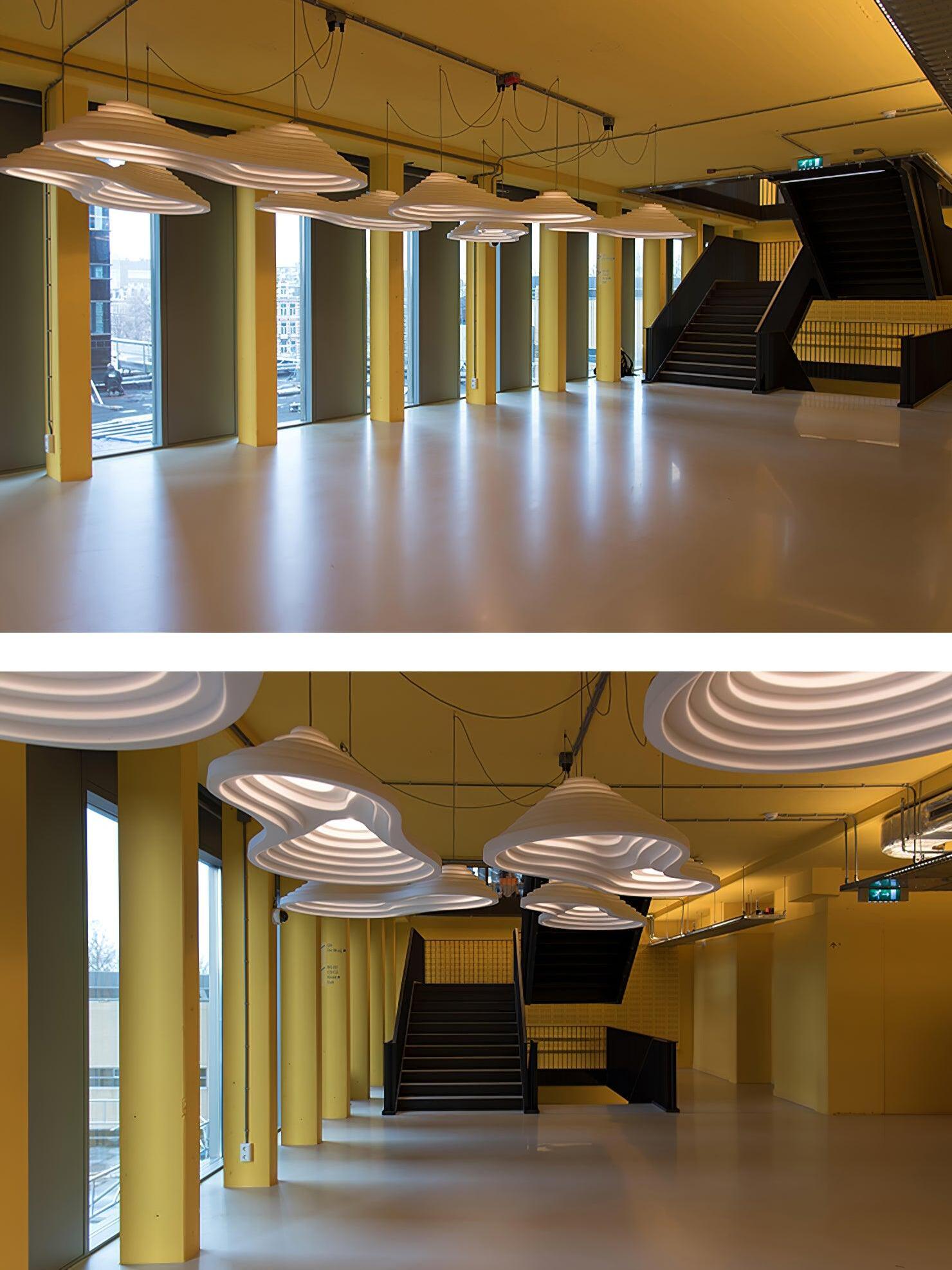Two-view collage of white contoured pendants suspended through a yellow interior near windows and stairs.