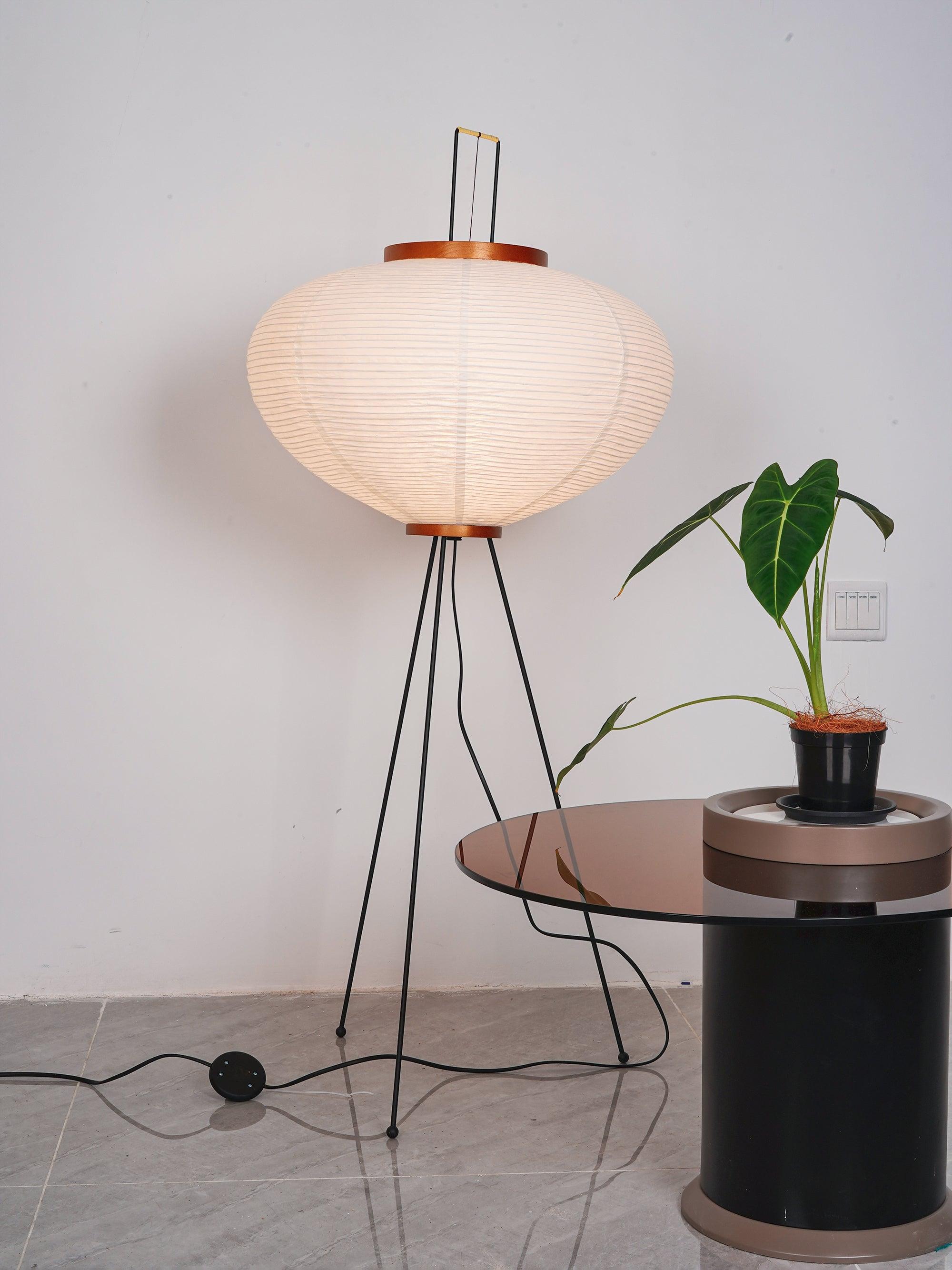 Rounded paper floor lamp with visible inline switch