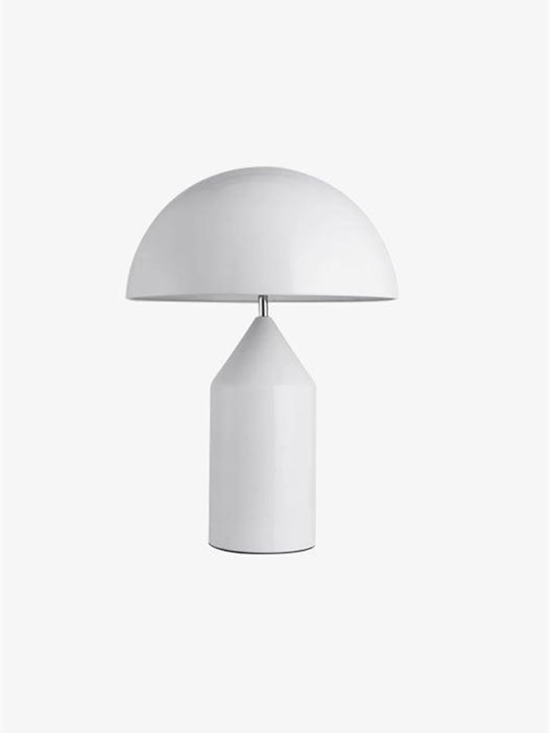 White mushroom table lamp with a narrow silver-tone connection between the dome and cone
