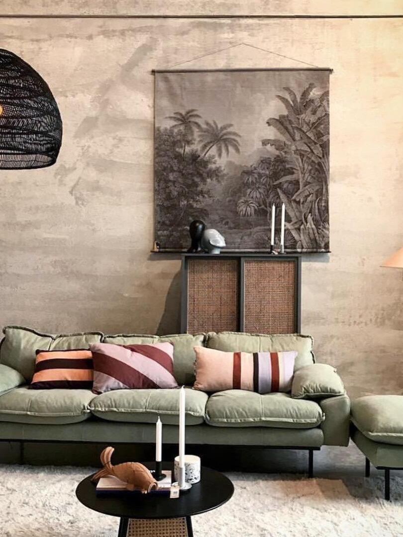 Black wicker shade in a textured living room