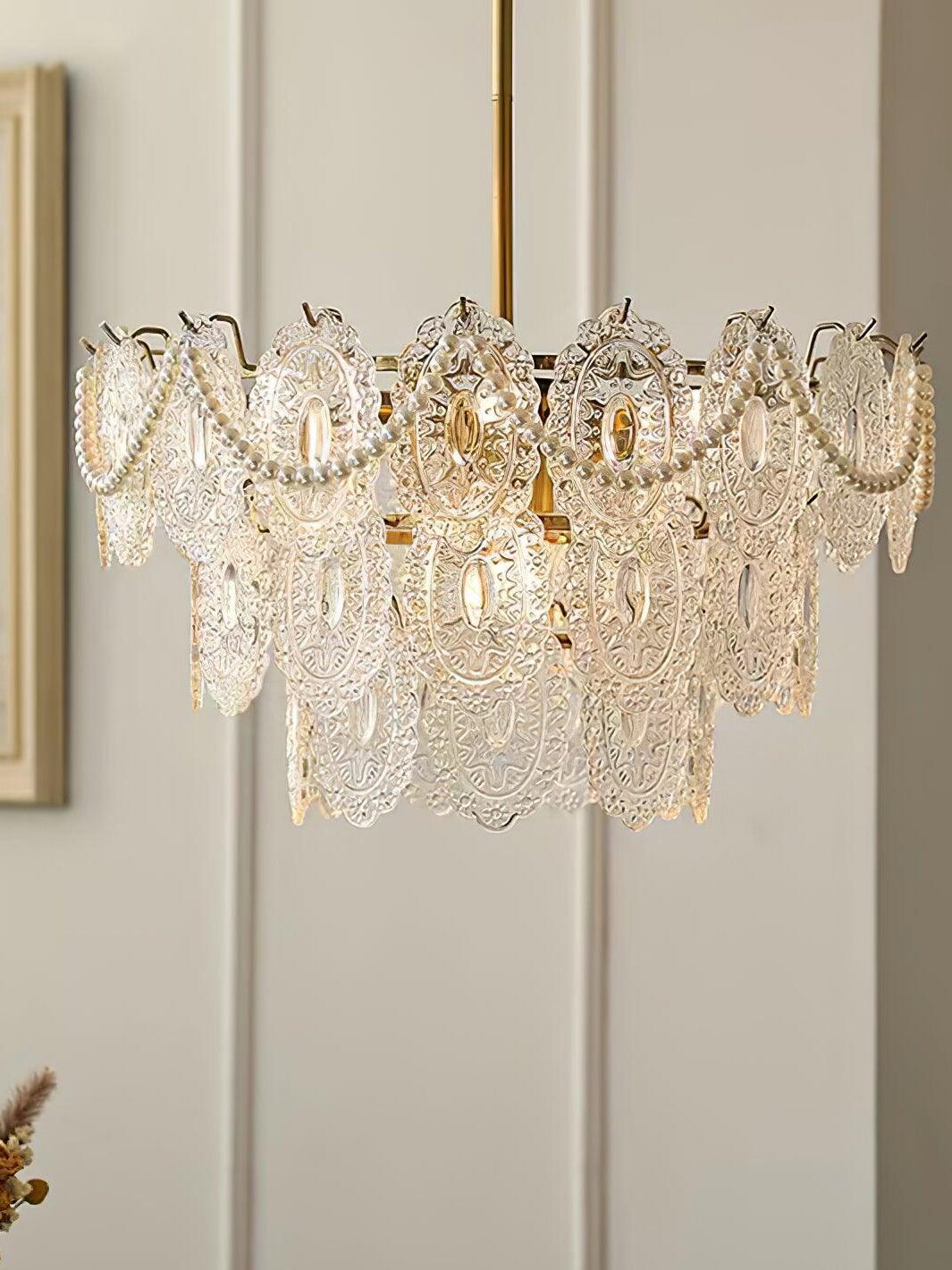 Unlit-looking clear glass layers with gold details