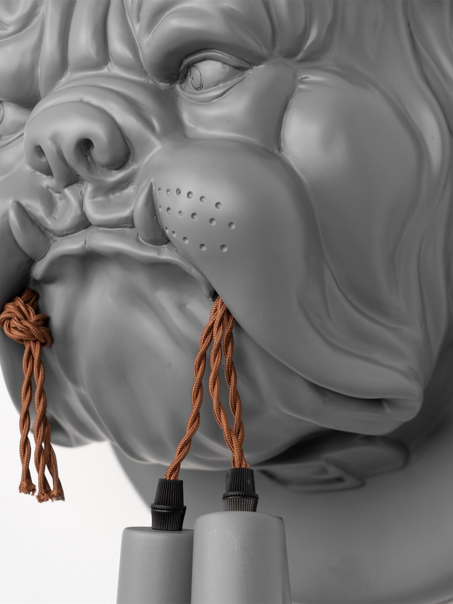 Close-up of grey bulldog face and three suspended holders