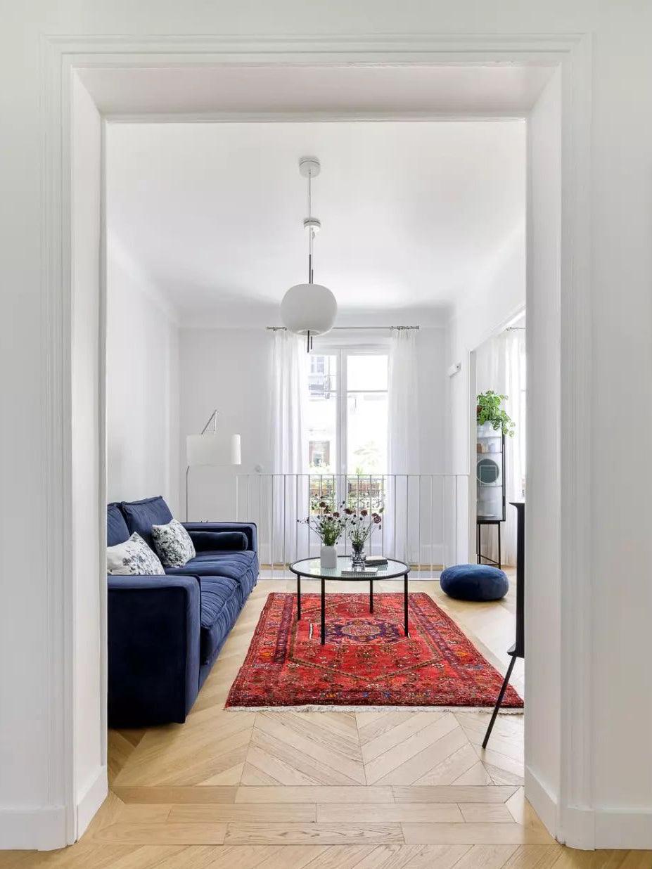White rounded pendant in a bright living room