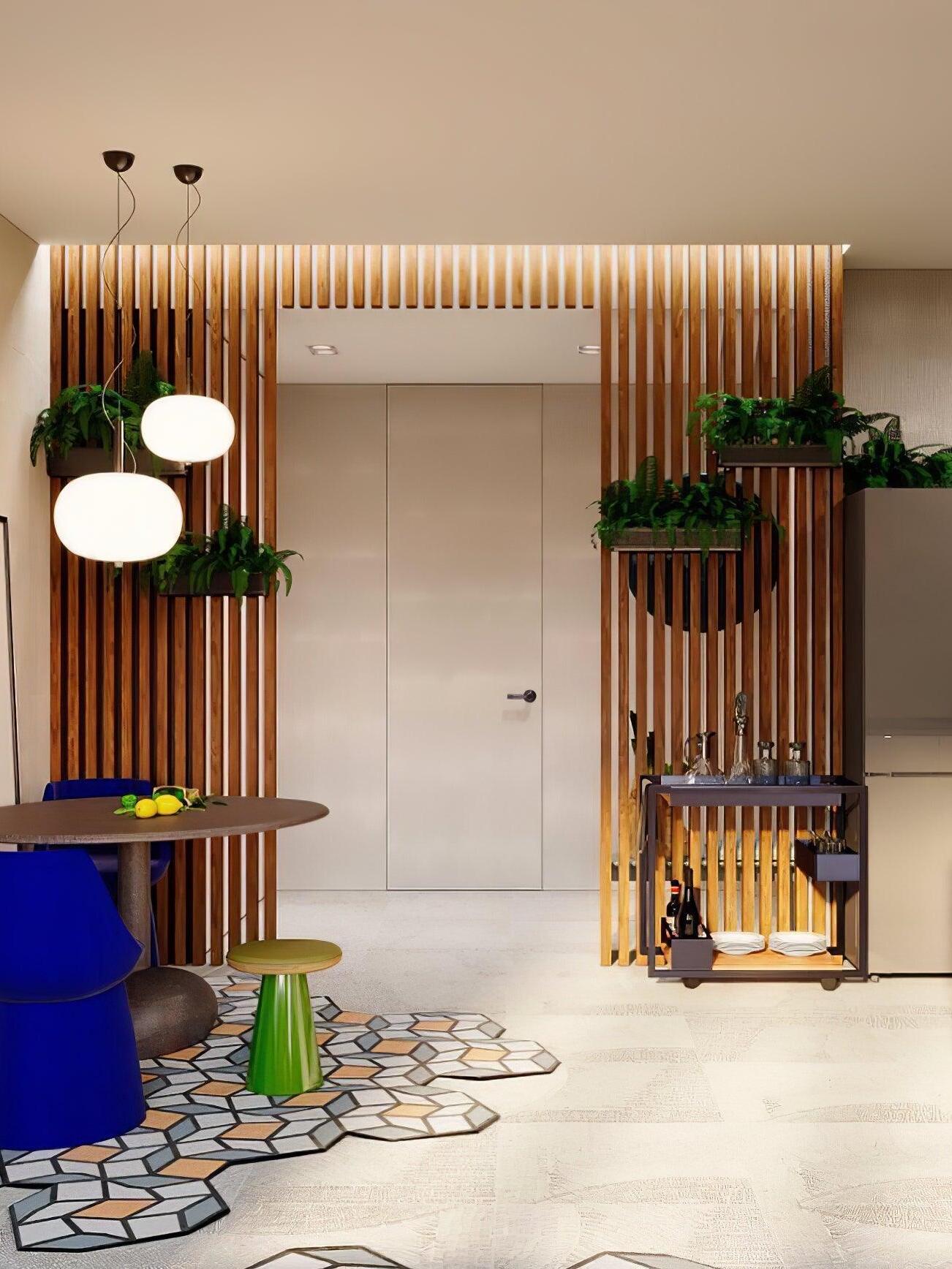 Pair of white globe pendants near interior greenery
