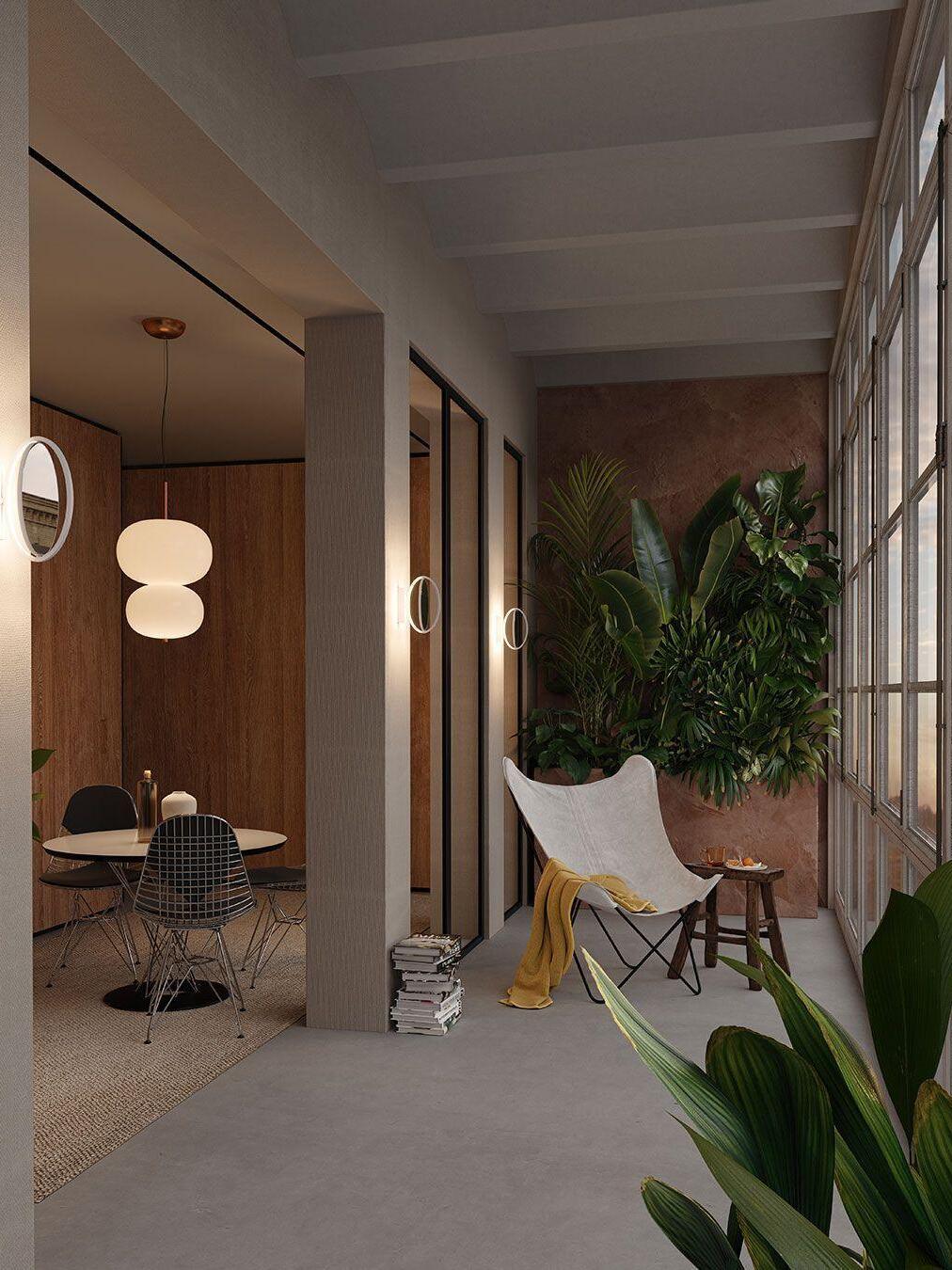 Globe pendant in a corridor-like interior