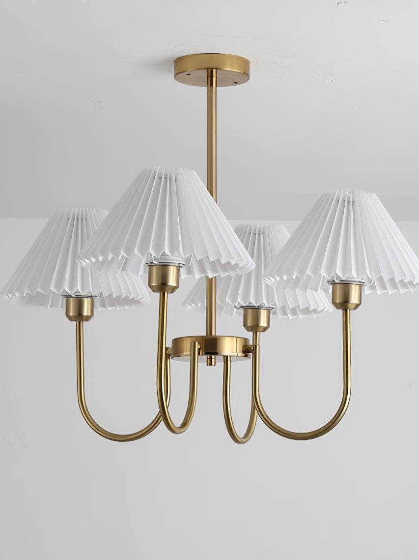 Unlit white pleated shades with curved gold-tone arms and a vertical suspension rod