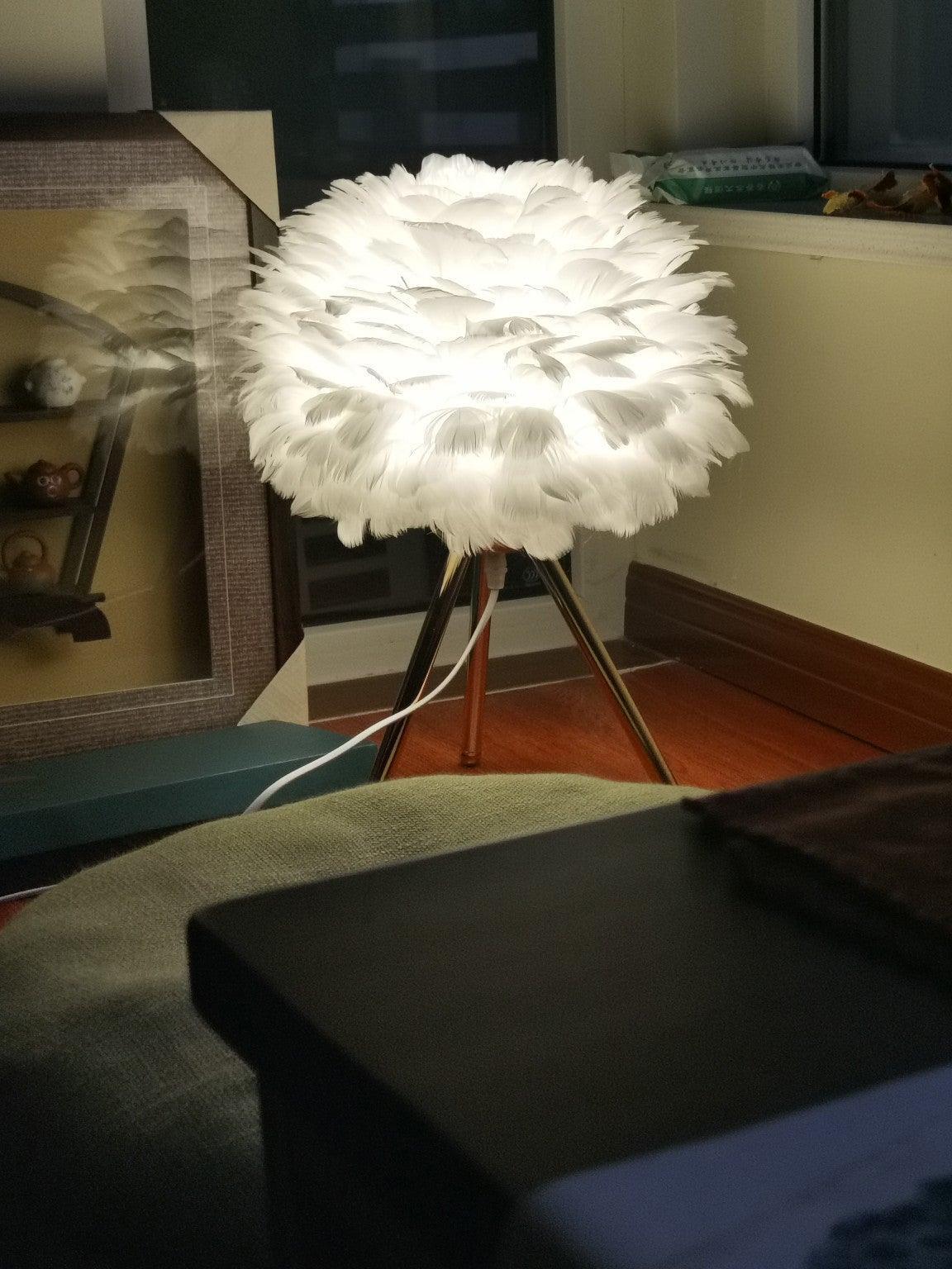 White feather shade glowing in dark room