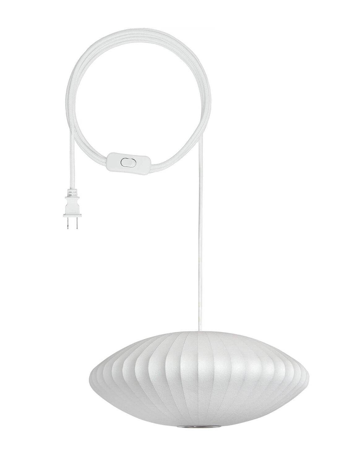 Model A white flattened oval pendant with curved ribs, cord, inline switch and two-prong plug