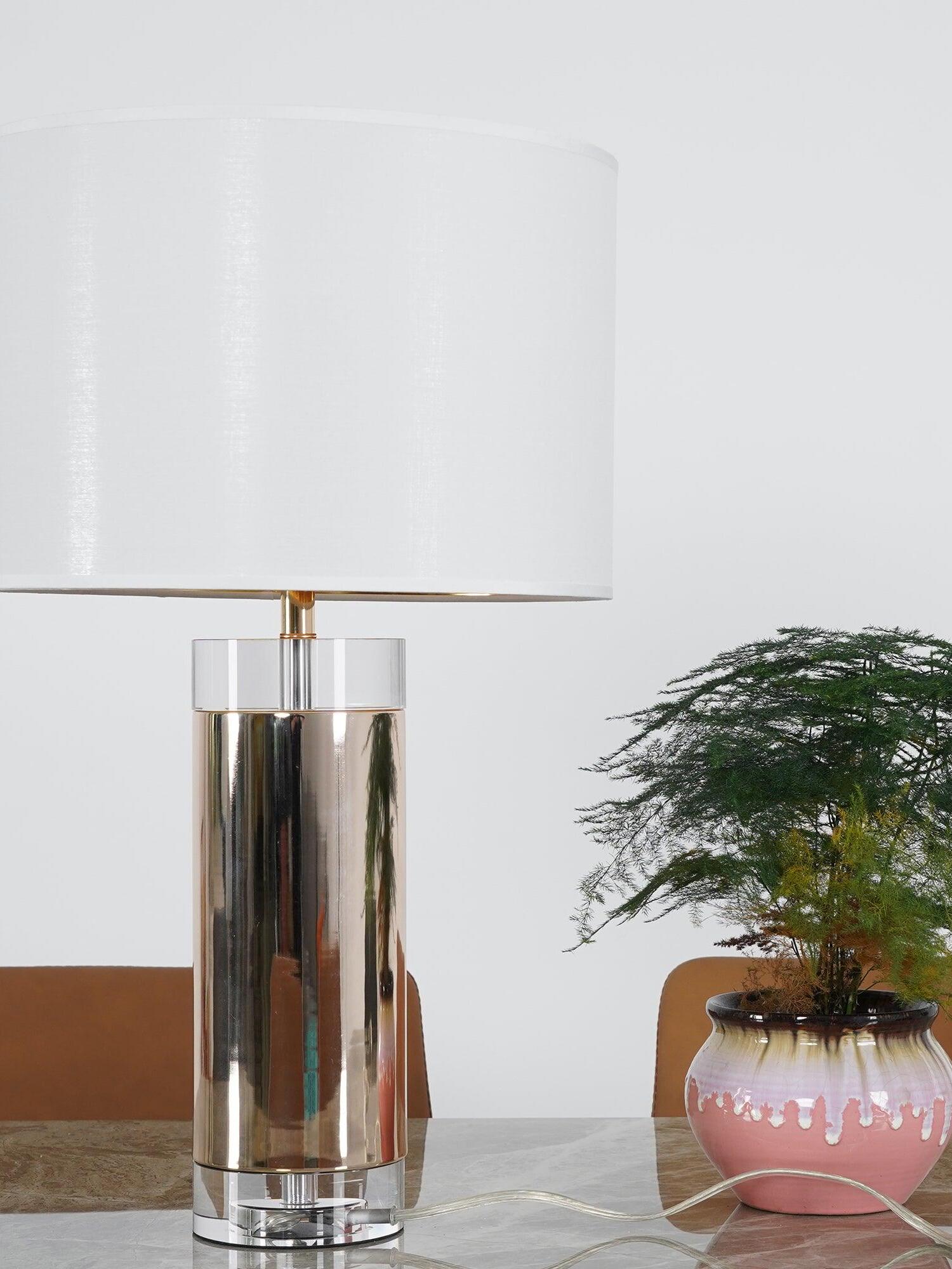 White-shade reflective lamp on tabletop beside small plant in pink pot