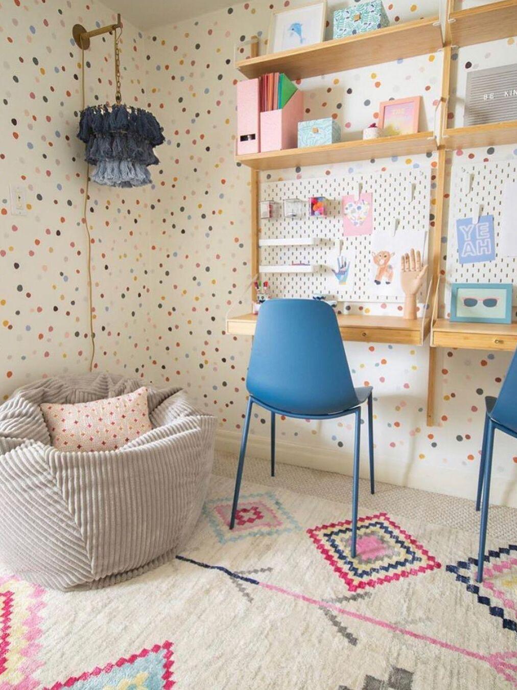 Blue shade in a room with shelving